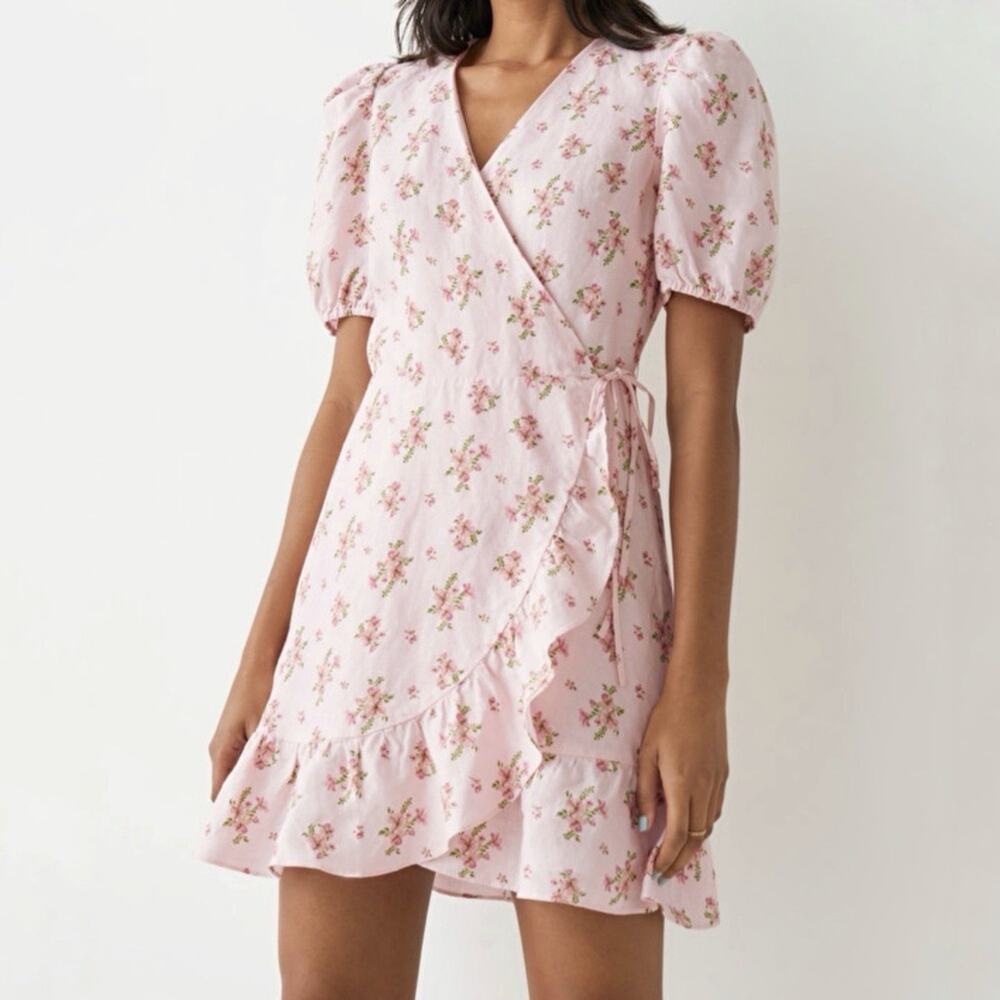 & Other Stories Linen Puff Sleeve Floral‎ Wrap Mini Dress Women’s Size 6 Ruffles